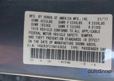 2017 Honda Accord Lx z USA, uszkodzony, nr VIN 1HGCR2F31HA155938